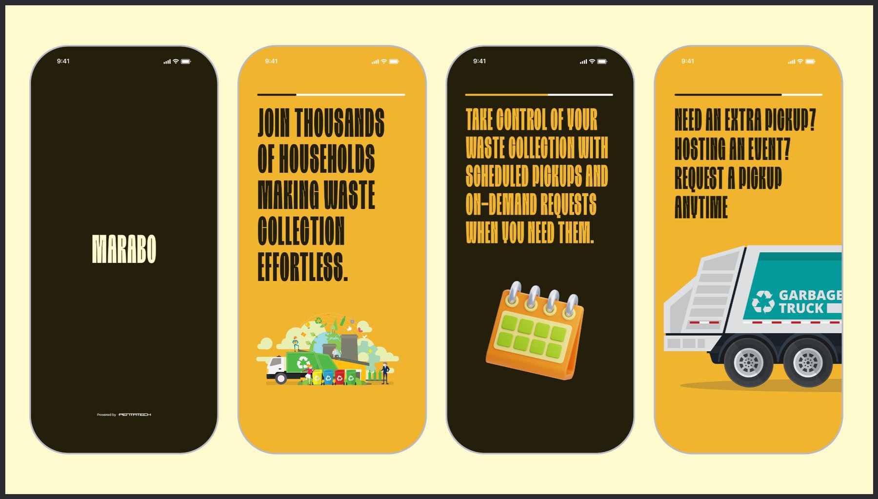 Marabo waste collection app screens showing scheduled pickups and on-demand requests