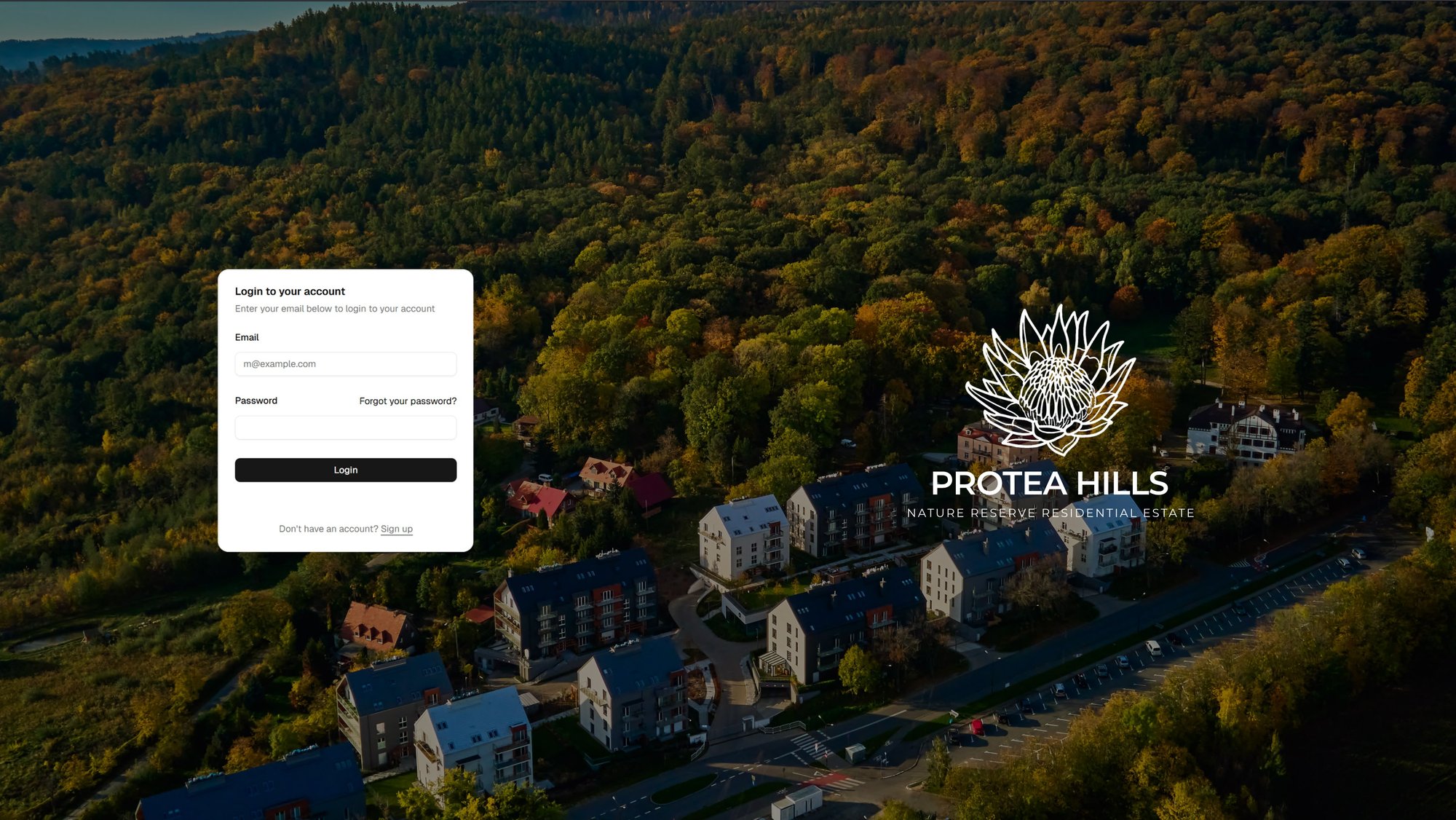 Protea Hills residential estate resident portal login screen over an aerial estate photo