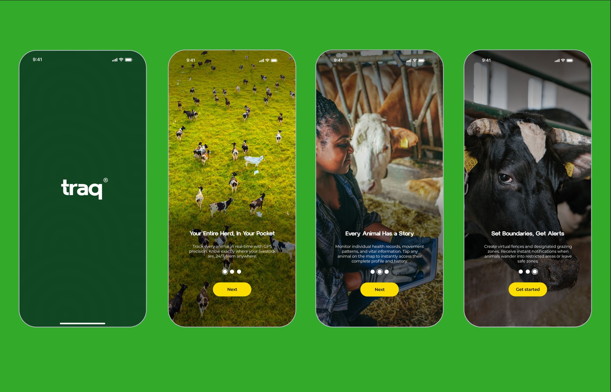 Traq livestock traceability app screens showing herd map, animal profiles and geofencing